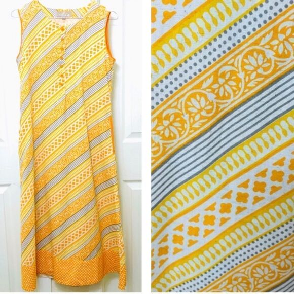 Utsa Yellow and Orange Sleeveless Cotton Striped Midi Dress Size Small - Picture 1 of 14